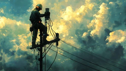 Utility lineman silhouetted against painterly storm sky.