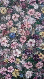 Dense floral arrangement in pink, cream, white, purple showing layered bloom pattern