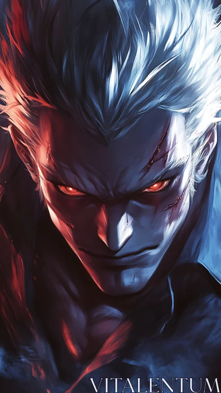 Bicolor-illuminated antihero portrait with infernal gaze dynamics.