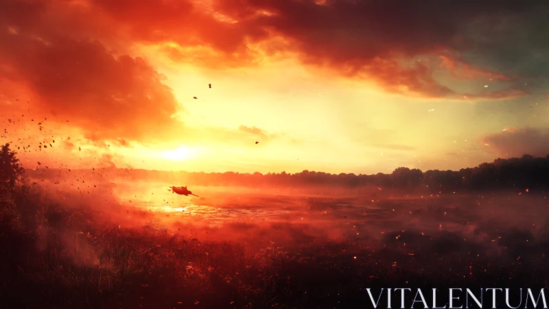 Sun-drenched river blaze with lone boat chasing embers.