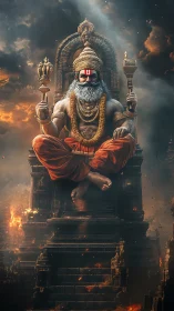 Divine warrior sage levitates over burning temple ruins