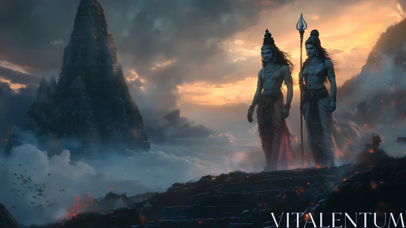 Mythic deities on volcanic ridge in cinematic digital painting.