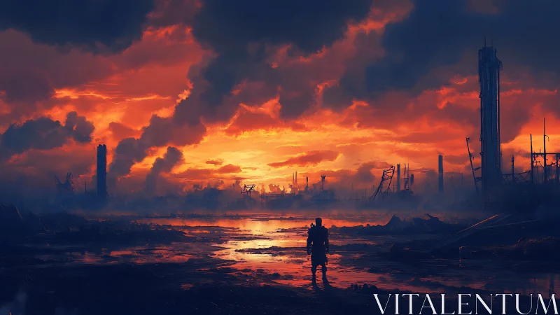 Lone armored figure in fiery post apocalyptic industrial ruin