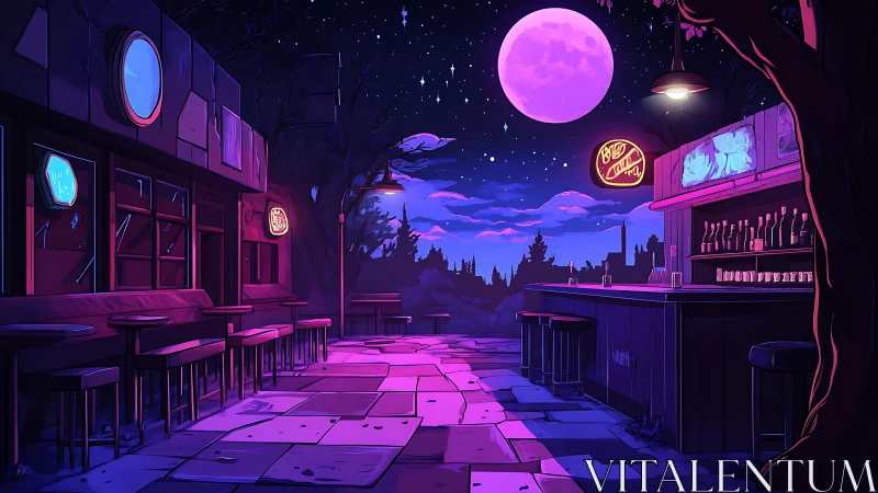 Neon moonlit rooftop bar glows softly over a sleeping city