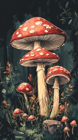 Mushroom monarchs quietly crown a twilight forest clearing