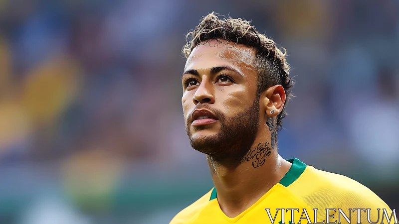 Close-up portrait of Brazilian footballer in yellow jersey