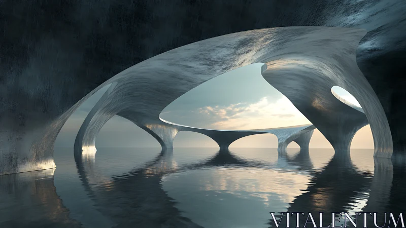 Futuristic stone bridge with massive arches over calm reflective water.