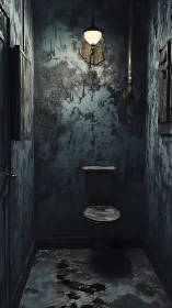 Dilapidated narrow bathroom with rusted toilet and lamp.
