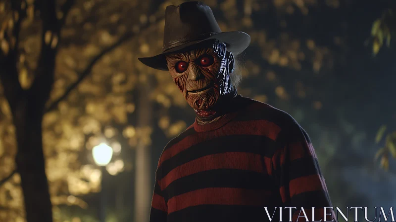 Masked figure in striped sweater stands in dim night lighting