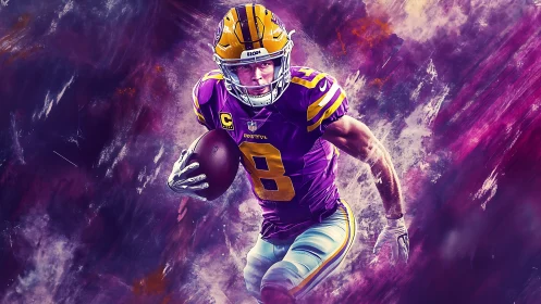 American football ballcarrier in purple uniform on abstract field.