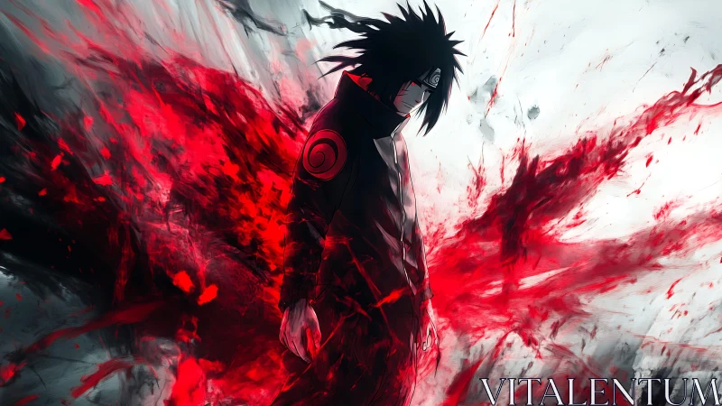 Brooding anime warrior amid violent crimson energy burst.