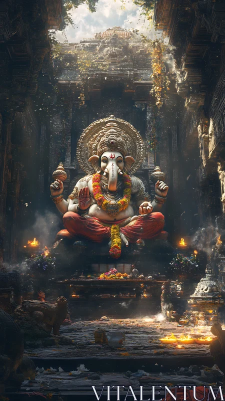 Ganesh statue in ornate temple hall with warm ritual light.