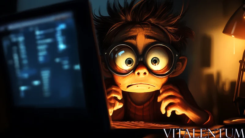 Overwhelmed coder stares at glowing screen in dark room