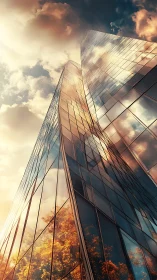 Glass skyscraper reflecting sky and autumn trees at sunset.