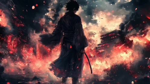 Lone swordsman strolls through a burning city of embers
