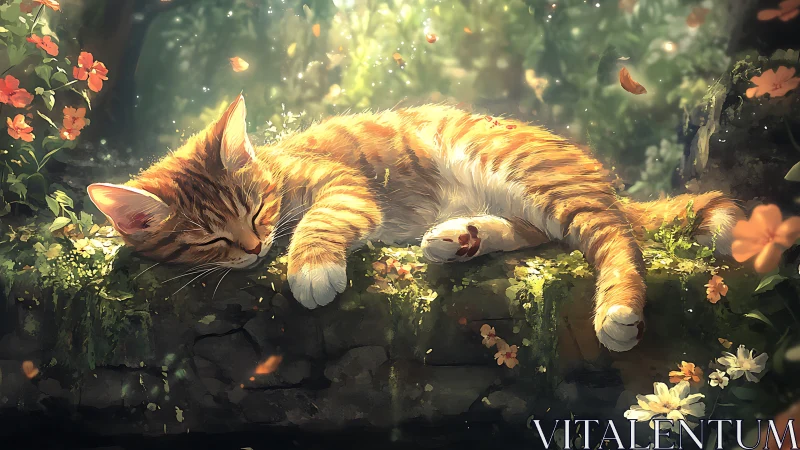 Golden Cat Finds Peace in a Sunlit Garden Haven.