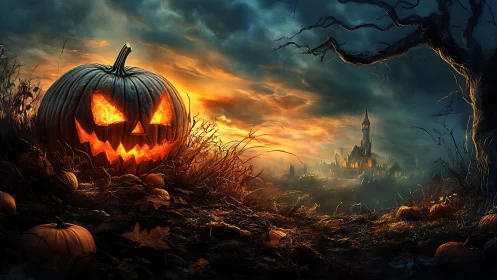 Glowing jack o lantern haunts a stormy path to distant castle