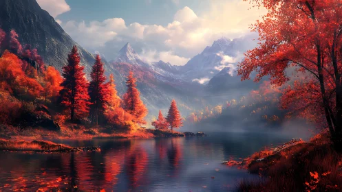 Crimson autumn forest embraces a tranquil alpine lake at dawn