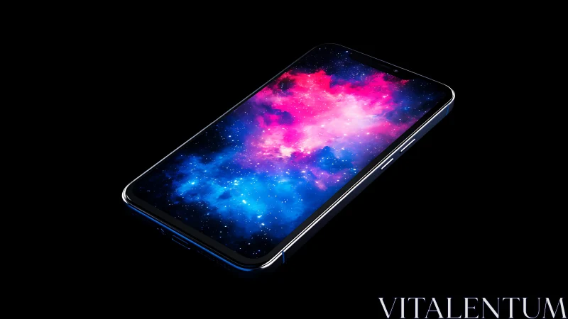 Smartphone display merges neon galaxy within sleek frame.