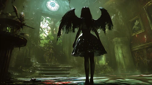 Winged shadow girl haunting a moss-lit forsaken hall.