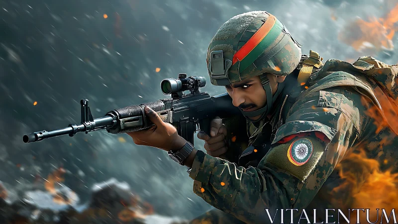 Indian soldier aims rifle amid storm of fire and shrapnel