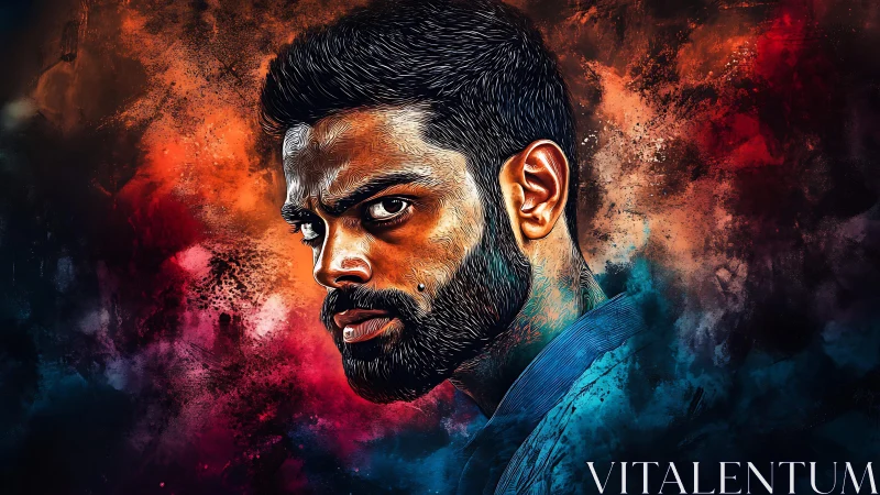 Storm-soaked gaze carves through a nebula of molten color