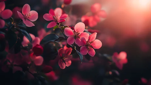 Pink Blossoms Illuminated Against Warm Golden Bokeh.