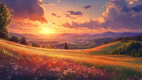 Sunset over rolling hills and wildflower meadow landscape.