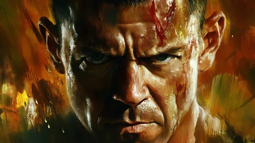 Battle-scarred warrior stares forward under burning light