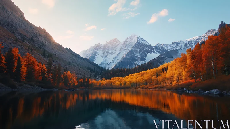 Autumn fire crowns a glassy alpine lake beneath icy peaks.
