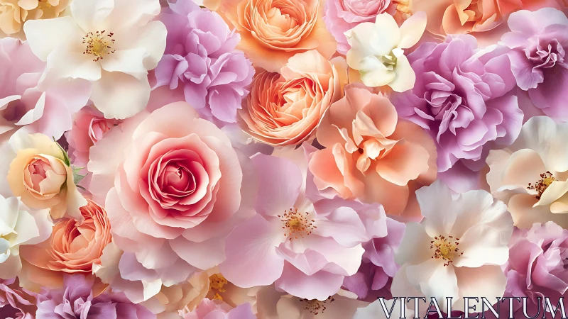 Layered Dense Floral Composition: Multi-Tonal Rose and Peony Arrangement with Soft Luminous Renderin