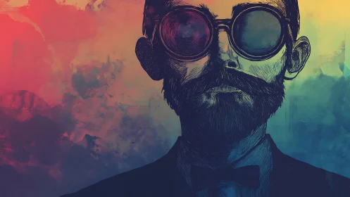 Spectral portrait of bearded man in goggles with dual-color lighting