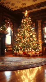 Grand Christmas tree glows in opulent Victorian parlor.