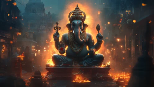 Divine Ganesha in blazing temple street illumination.