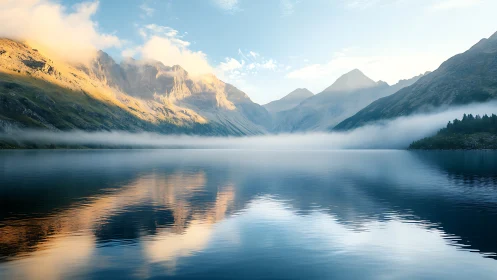 Alpine lake at sunrise with fog inversion and mirrored ridgeline
