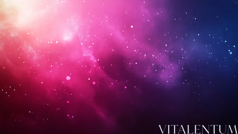 Pink and blue nebula gradient with scattered white particles.