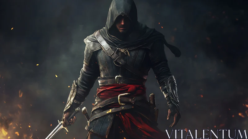 Hooded rogue warrior advances through embers in smoky dusk