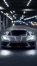 Low black supercar stands under tunnel lights at night