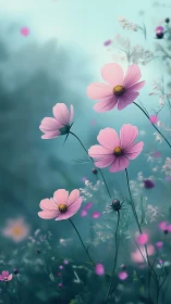 Pink Cosmos Flowers Amid Turquoise Mist.