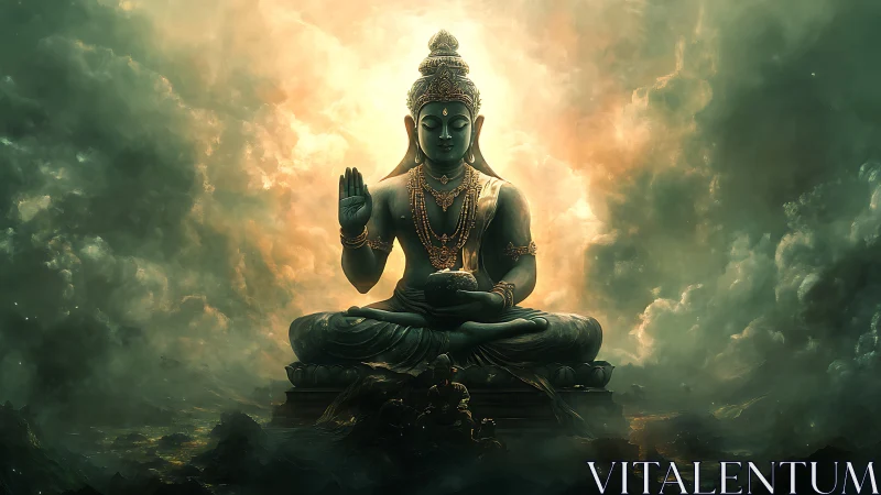 Radiant celestial Buddha statue amid swirling storm clouds.