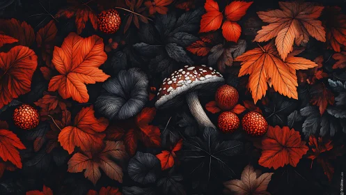 Scarlet forest foliage with spotted mushroom centerpiece.