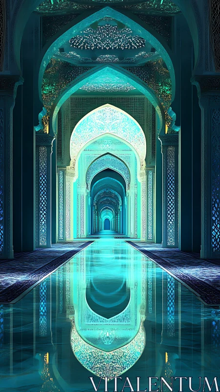 Luminous turquoise arches reflect over mirrored water corridor.