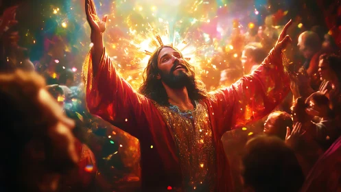 Radiant robed figure crowned in soaring shards of living light.