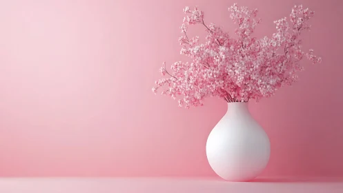 White ceramic vase with pink filler flowers against gradient pink background.