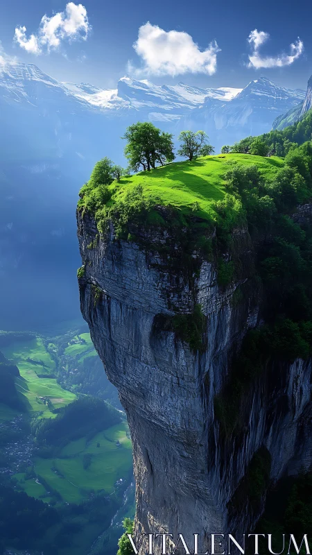 Emerald summit meadow perched above misty alpine abyss.