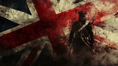 Silhouetted British soldier stands before distressed Union Jack