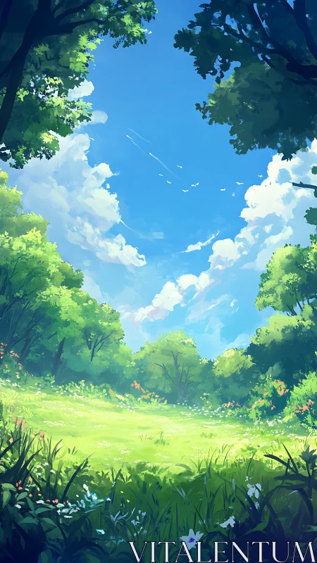 Sunlit Meadow: Where Clouds Meet Green Earth.