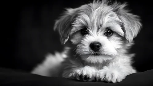 Soft-eyed puppy sprawls in luminous black and white calm.
