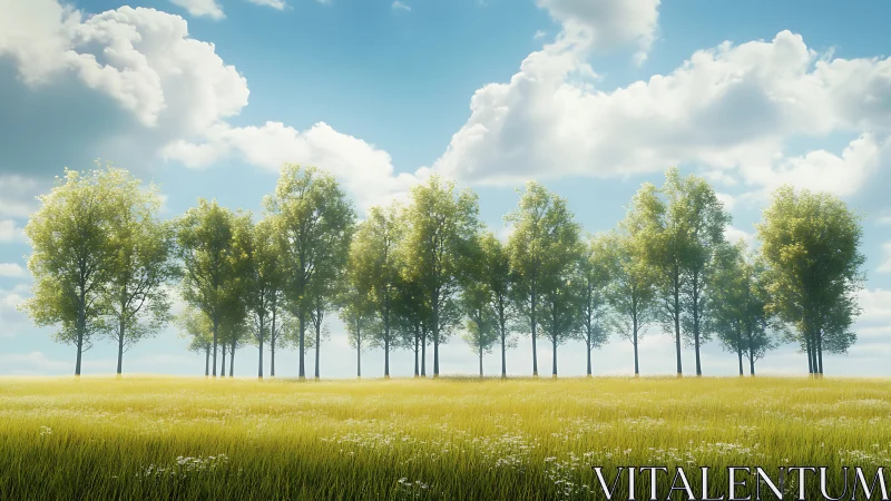 Row of evenly spaced trees stands in sunny grassy field
