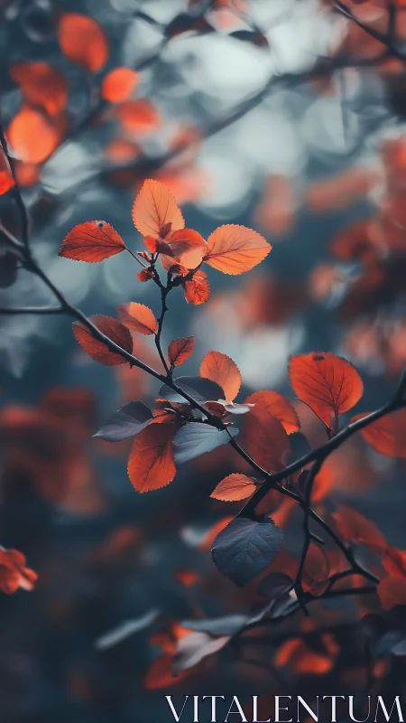 Scarlet leaves in moody teal bokeh forest atmosphere.